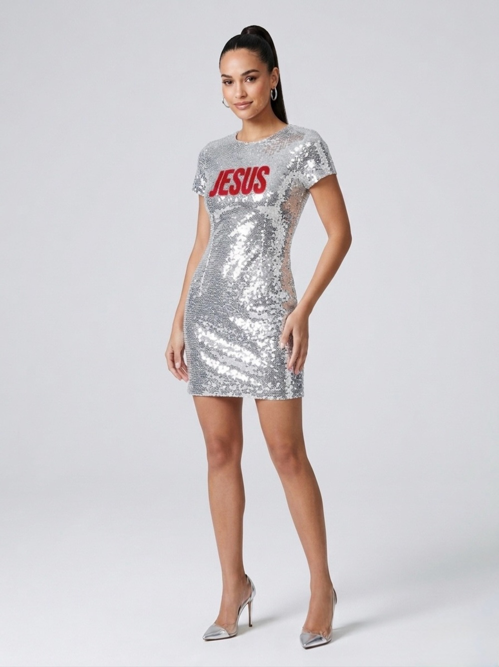 Silver Sequin Short Sleeve Mini Dress with Red 'JESUS' Logo